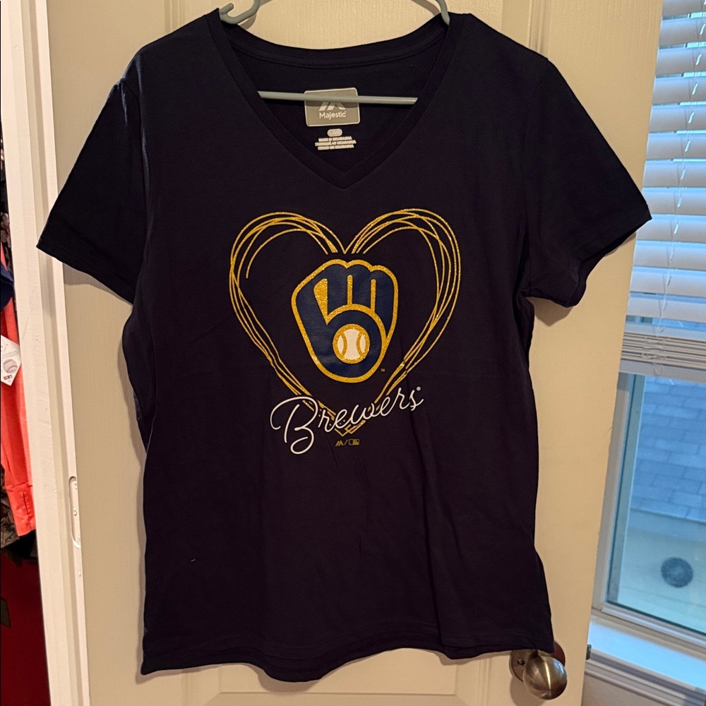 Majestic Brewers Navy Tee with Gold Heart Design